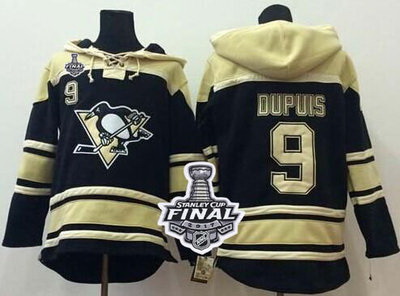 Men Pittsburgh Penguins 9 Pascal Dupuis Black Sawyer Hooded Sweatshirt 2017 Stanley Cup Final Patch 