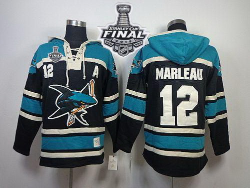 Men San Jose Sharks 12 Patrick Marleau Black Sawyer Hooded Sweatshirt 2016 Stanley Cup Final Patch S