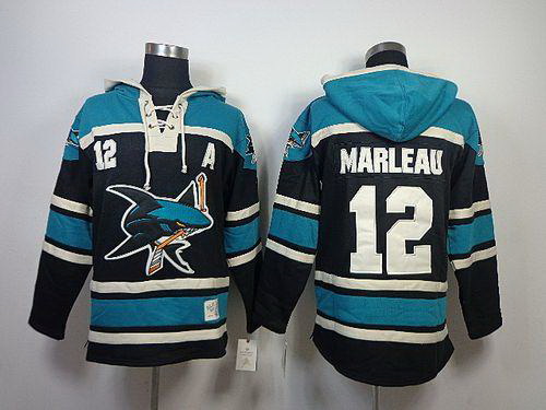 Men San Jose Sharks 12 Patrick Marleau Black Sawyer Hooded Sweatshirt Stitched NHL Jersey