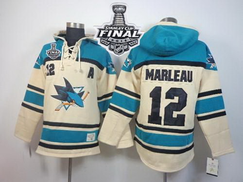 Men San Jose Sharks 12 Patrick Marleau Cream Sawyer Hooded Sweatshirt 2016 Stanley Cup Final Patch S