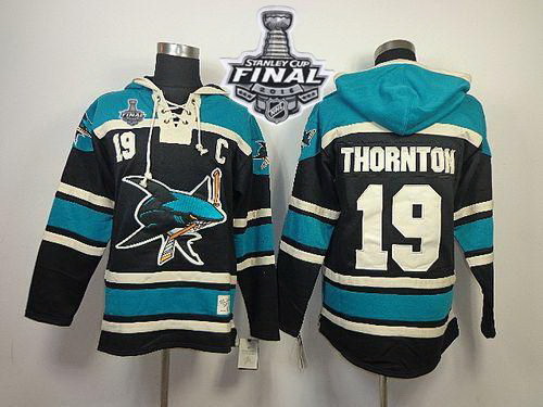 Men San Jose Sharks 19 Joe Thornton Black Sawyer Hooded Sweatshirt 2016 Stanley Cup Final Patch Stit