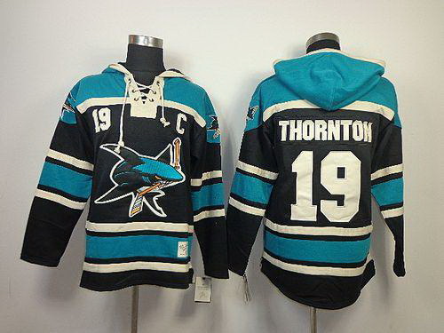 Men San Jose Sharks 19 Joe Thornton Black Sawyer Hooded Sweatshirt Stitched NHL Jersey