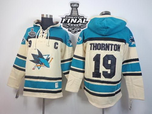 Men San Jose Sharks 19 Joe Thornton Cream Sawyer Hooded Sweatshirt 2016 Stanley Cup Final Patch Stit