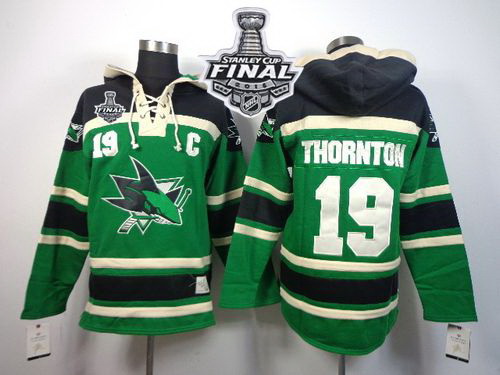 Men San Jose Sharks 19 Joe Thornton Green St  Patrick Day McNary Lace Hoodie 2016 Stanley Cup Final 