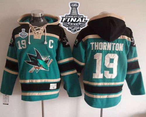 Men San Jose Sharks 19 Joe Thornton Teal Sawyer Hooded Sweatshirt 2016 Stanley Cup Final Patch Stitc