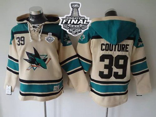 Men San Jose Sharks 39 Logan Couture Cream Sawyer Hooded Sweatshirt 2016 Stanley Cup Final Patch Sti