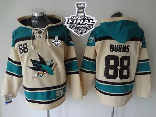 Men San Jose Sharks 88 Brent Burns Cream Sawyer Hooded Sweatshirt 2016 Stanley Cup Final Patch Stitc