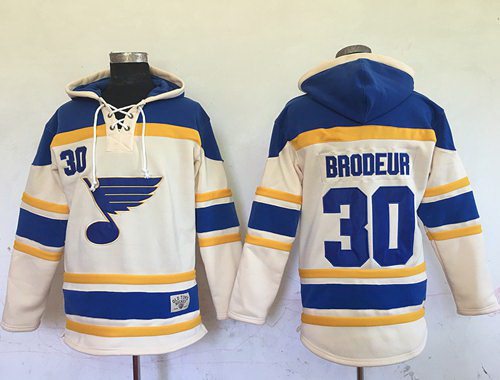 Men St.Louis Blues 30 Martin Brodeur Cream Sawyer Hooded Sweatshirt Stitched NHL Jersey