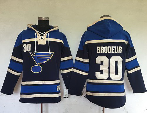 Men St.Louis Blues 30 Martin Brodeur Navy Blue Sawyer Hooded Sweatshirt Stitched NHL Jersey