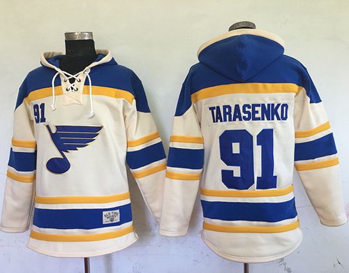 Men St.Louis Blues 91 Vladimir Tarasenko Cream Sawyer Hooded Sweatshirt Stitched NHL Jersey