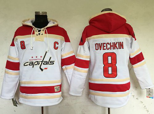 Men Washington Capitals 8 Alex Ovechkin White Sawyer Hooded Sweatshirt Stitched NHL Jersey