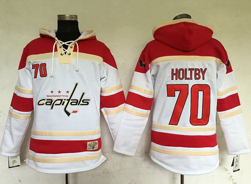 Men Washington Capitals 70 Braden Holtby White Sawyer Hooded Sweatshirt Stitched NHL Jersey