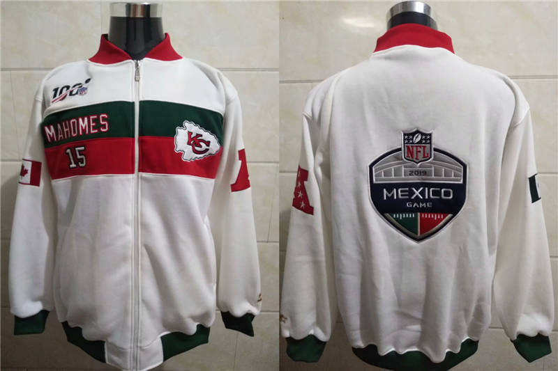 Men Kansas Chiefs Patrick Mahomes 15 White 2019 Mexico Game Stitched NFL Hoodie