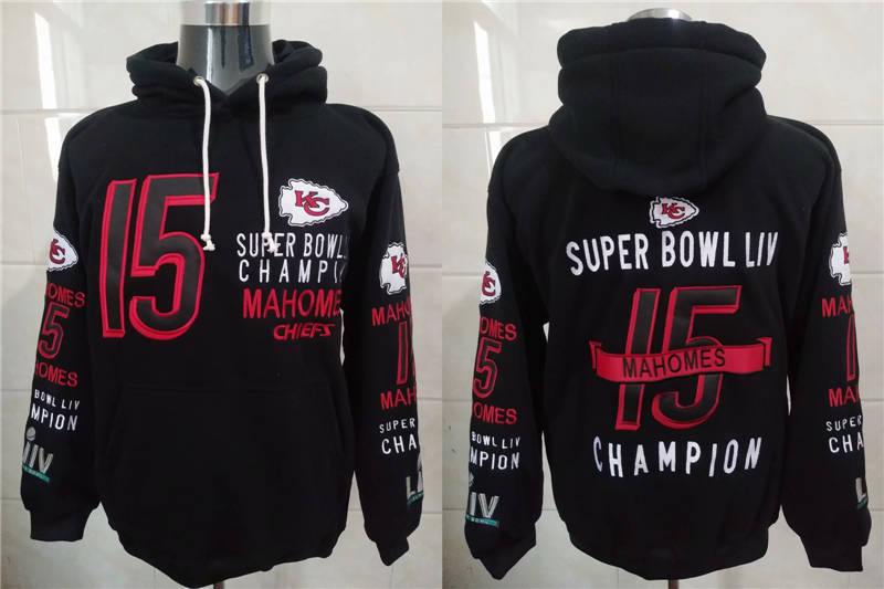 Men Kansas City Chiefs Patrick Mahomes 15 Super Bowl LIV Champion Black Stitched Hoodie