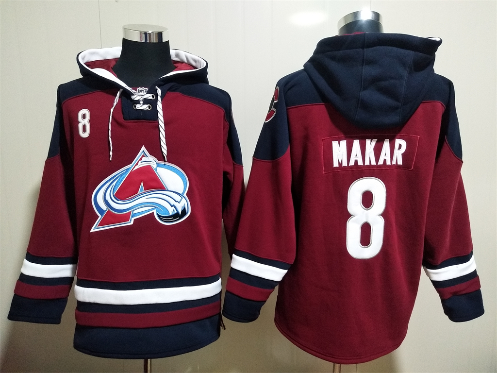 Men Colorado Avalanche Cale Makar 8 Red Stitched NHL Hoodie