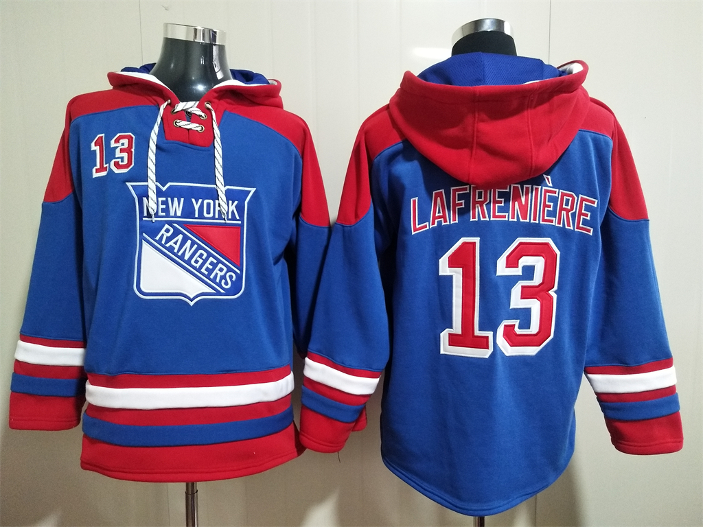 Men New York Rangers Alexis Lafrenière 13 Blue Stitched NHL Hoodie