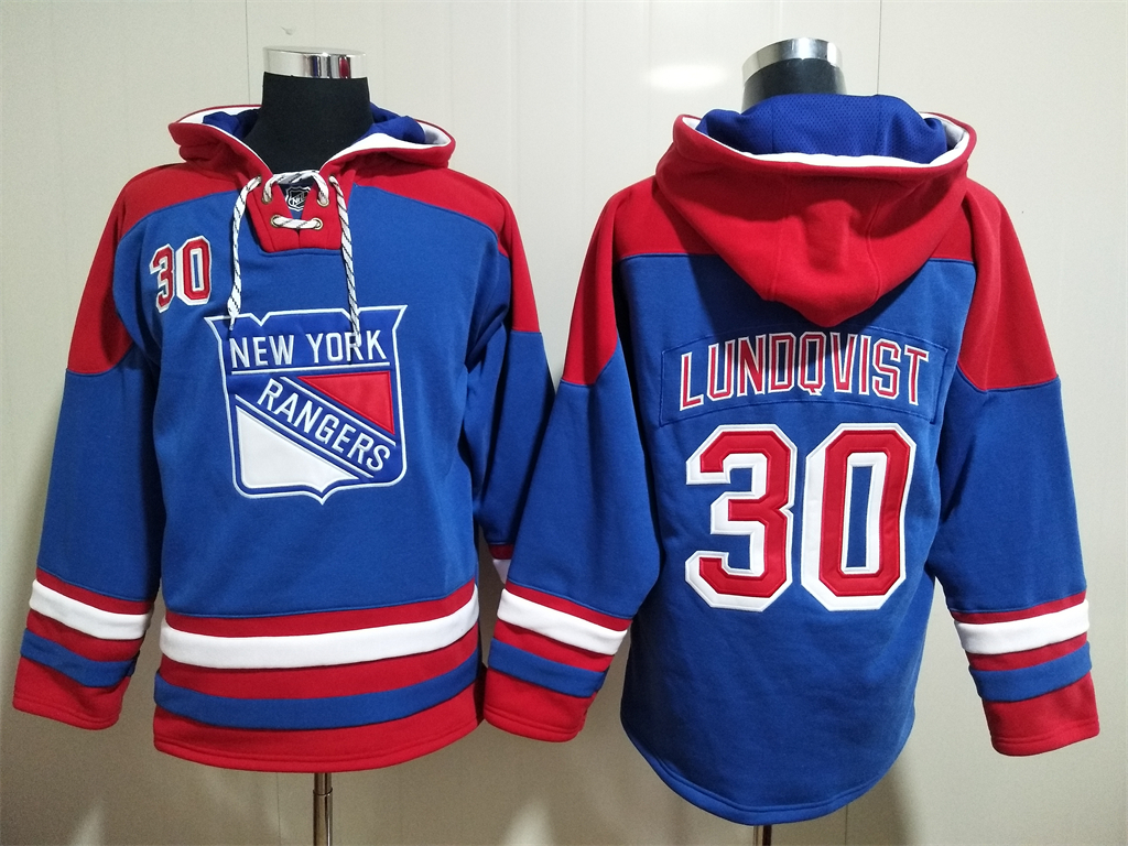 Men New York Rangers Henrik Lundqvist 30 Blue Stitched NHL Hoodie