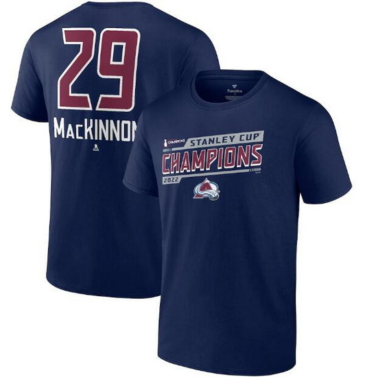 Men Colorado Avalanche 29 Nathan MacKinnon Navy 2022 Stanley Cup Champions Banner Name  26 Number T 