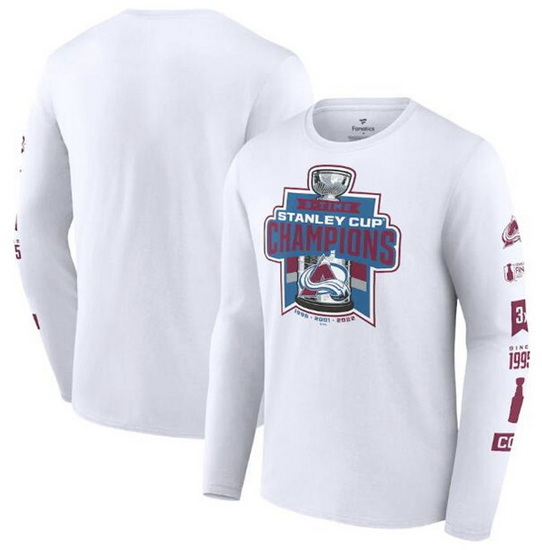 Men Colorado Avalanche White 3 Time Stanley Cup Champions Long Sleeve T Shirt