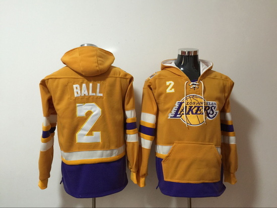 Men's Los Angeles Lakers #2 Lonzo Ball Yellow Lace-Up Pullover Hoodie