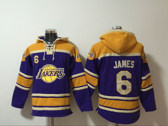 Men's Los Angeles Lakers #6 Lebron James Purple Lace-Up Pullover Hoodie