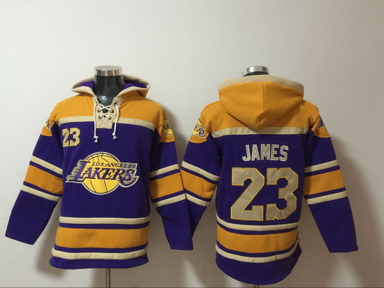 Men's Los Angeles Lakers #23 Lebron James Purple Lace-Up Pullover Hoodie