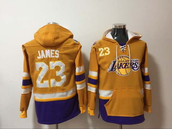 Men's Los Angeles Lakers #23 Lebron James Yellow Lace-Up Pullover Hoodie