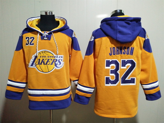 Men's Los Angeles Lakers #32 Magic Johnson Yellow Lace-Up Pullover Hoody