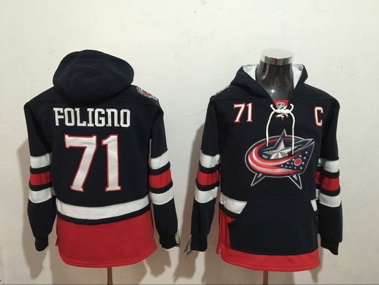 Men Columbus Blue Jackets 71 Nick Foligno Blue Stitched Hoody