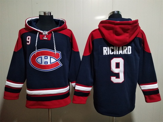 Men Montreal Canadiens #9 Maurice Richard Navy Ageless Must-Have Lace-Up Pullover Hoodie