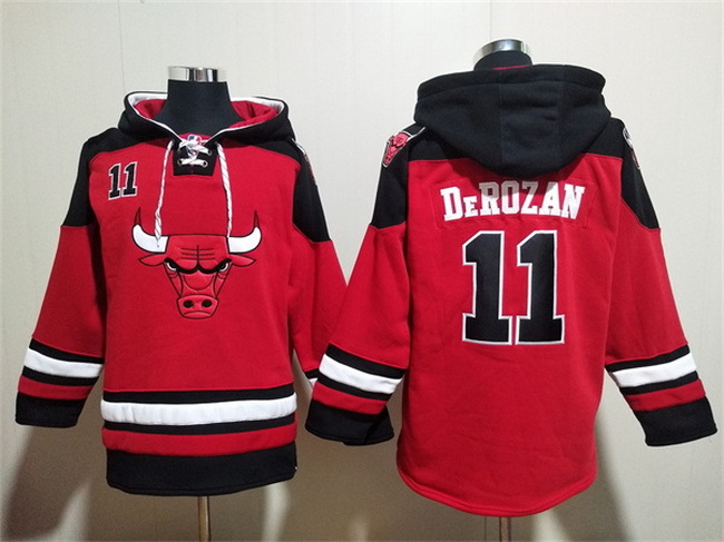 Men Chicago Bulls 11 DeMar DeRozan Red Black Ageless Must Have Lace Up Pullover Hoodie