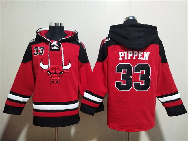 Men Chicago Bulls 33 Scottie Pippen Red Black Ageless Must Have Lace Up Pullover Hoodie