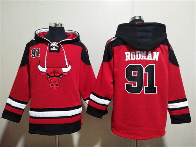 Men Chicago Bulls 91 Dennis Rodman Red Black Ageless Must Have Lace Up Pullover Hoodie