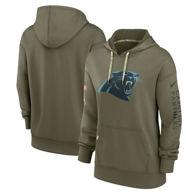 Women Carolina Panthers 2022 Olive Salute To Service Therma Performance Pullover Hoodie