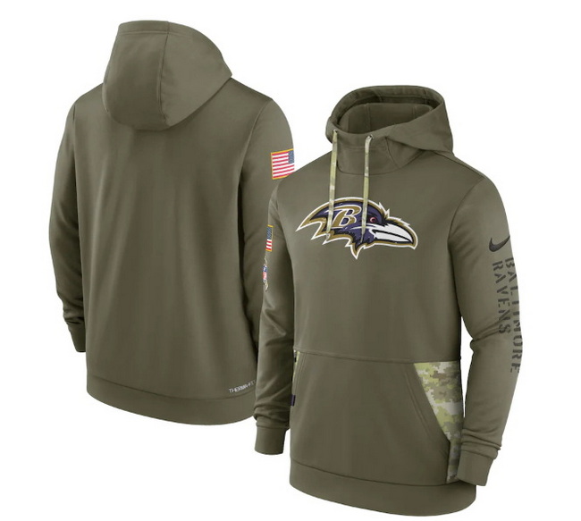 Men Baltimore Ravens 2022 Olive Salute To Service Therma Performance Pullover Hoodie