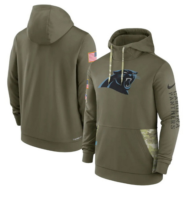 Men Carolina Panthers 2022 Olive Salute To Service Therma Performance Pullover Hoodie