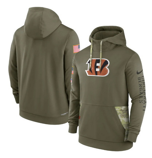 Men Cincinnati Bengals 2022 Olive Salute To Service Therma Performance Pullover Hoodie