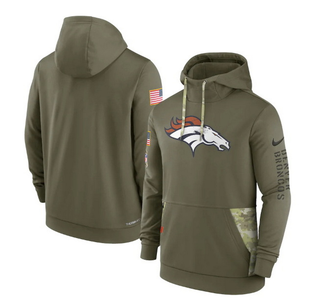 Men Denver Broncos 2022 Olive Salute To Service Therma Performance Pullover Hoodie