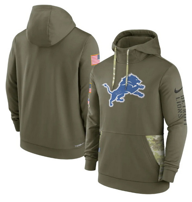 Men Detroit Lions 2022 Olive Salute To Service Therma Performance Pullover Hoodie