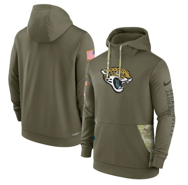 Men Jacksonville Jaguars 2022 Olive Salute To Service Therma Performance Pullover Hoodie