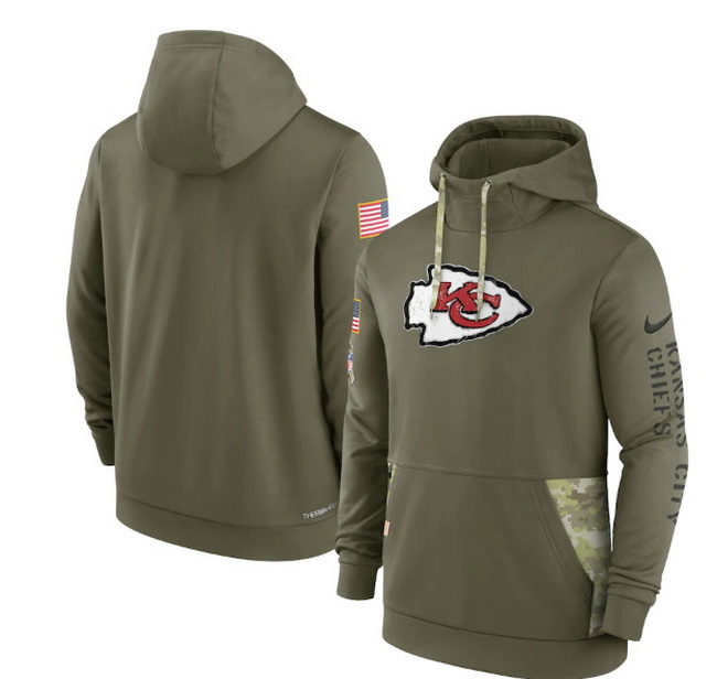 Men Kansas City Chiefs 2022 Olive Salute To Service Therma Performance Pullover Hoodie