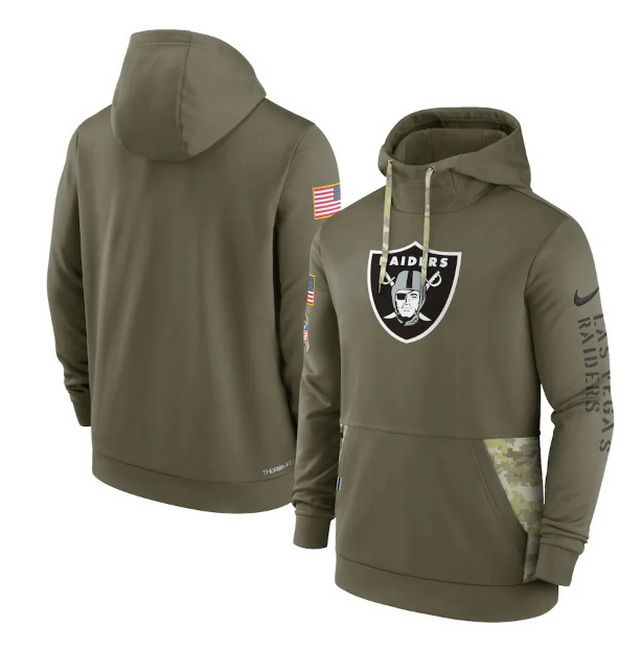 Men Las Vegas Raiders 2022 Olive Salute To Service Therma Performance Pullover Hoodie