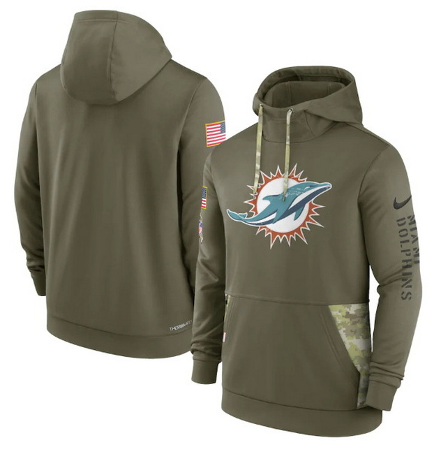 Men Miami Dolphins 2022 Olive Salute To Service Therma Performance Pullover Hoodie