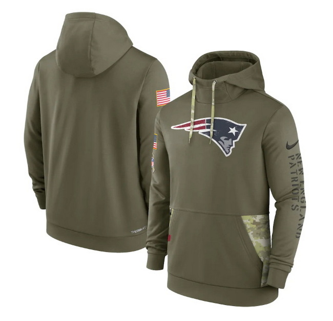 Men New England Patriots 2022 Olive Salute To Service Therma Performance Pullover Hoodie