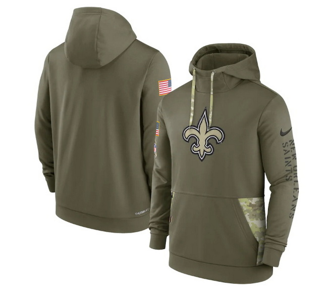 Men New Orleans Saints 2022 Olive Salute To Service Therma Performance Pullover Hoodie