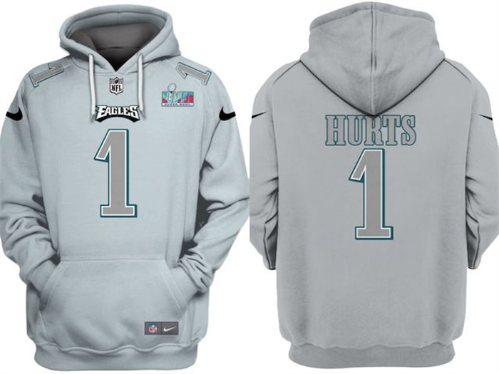 Men Philadelphia Eagles 1 Jalen Hurts Grey Atmosphere Fashion Super Bowl LVII Patch Pullover Hoodie