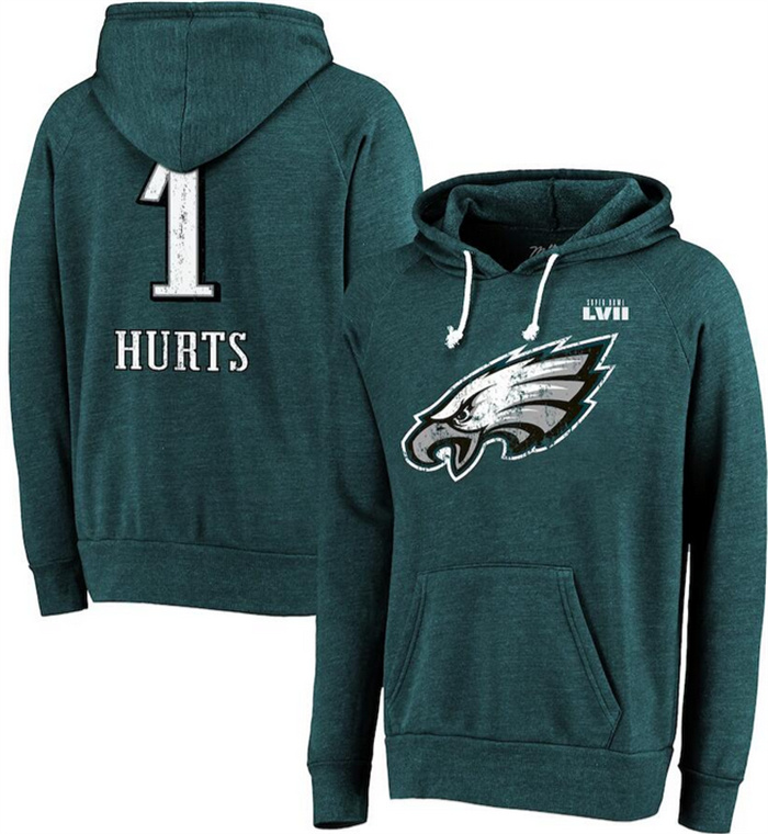 Men Philadelphia Eagles 1 Jalen Hurts Midnight Green Super Bowl LVII Name  26 Number Pullover Hoodie