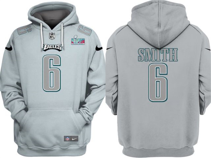 Men Philadelphia Eagles 6 DeVonta Smith Grey Atmosphere Fashion Super Bowl LVII Patch Pullover Hoodi