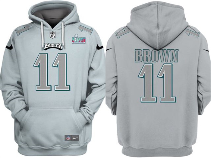 Men Philadelphia Eagles 11 A J  Brown Grey Atmosphere Fashion Super Bowl LVII Patch Pullover Hoodie