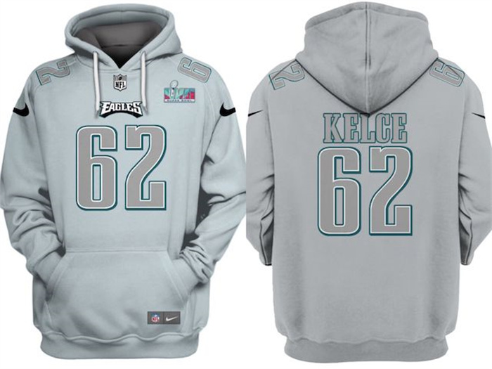 Men Philadelphia Eagles 62 Jason Kelce Grey Atmosphere Fashion Super Bowl LVII Patch Pullover Hoodie